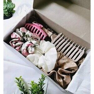Women Handmade Hair Scrunchies Set Box Gif 5 Pieces Comb Large Claw Clip